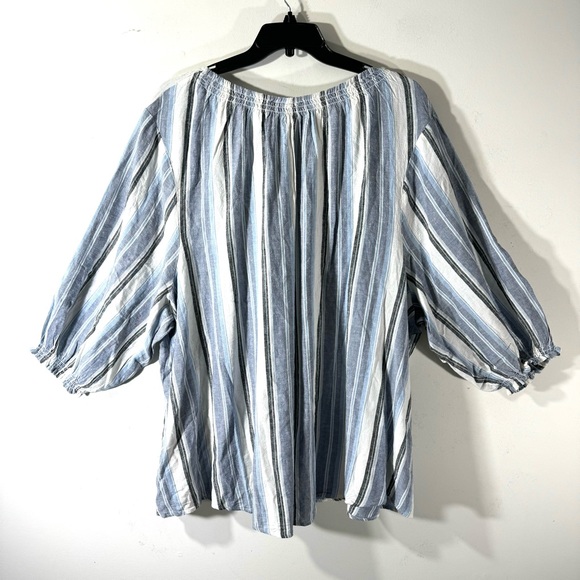 2/$35 Lane Bryant Blue Striped Linen Blend Peasant Top - Picture 4 of 9
